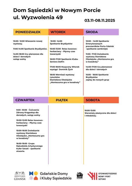 Harmonogram wydarzeń w Domu Sąsiedzkim 3.11-8.11