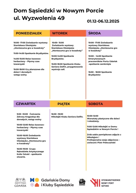 Harmonogram wydarzeń w Domu Sąsiedzkim w Nowym Porcie 