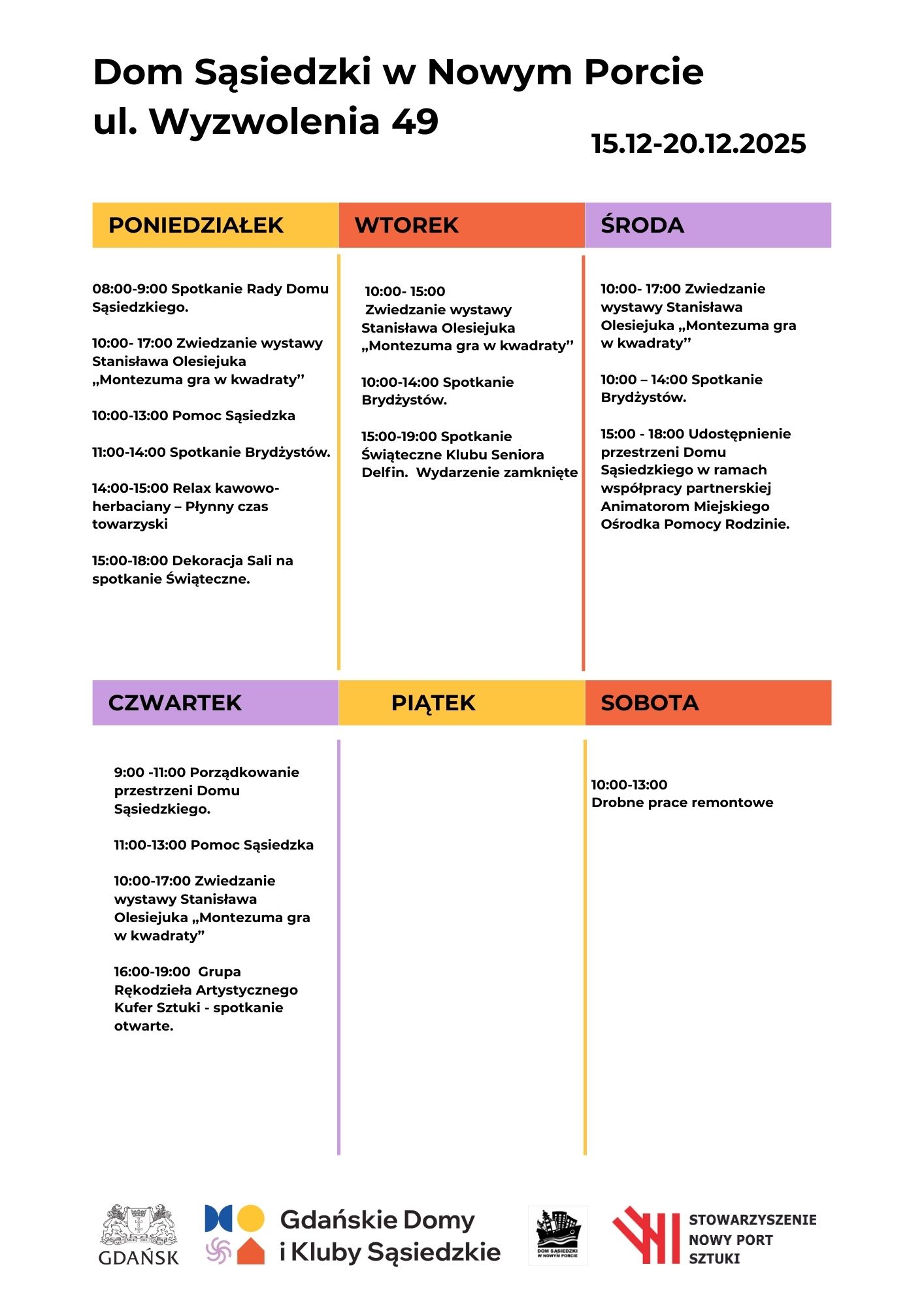 Harmonogram wydarzeń w Domu Sąsiedzkim w Nowym Porcie 15.12-20.12