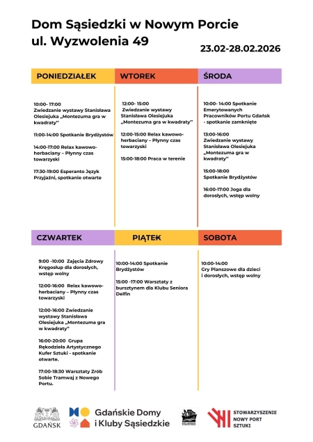 Harmonogram zajęć i spotkań w Domu Sąsiedzkim: 23.02-28.02